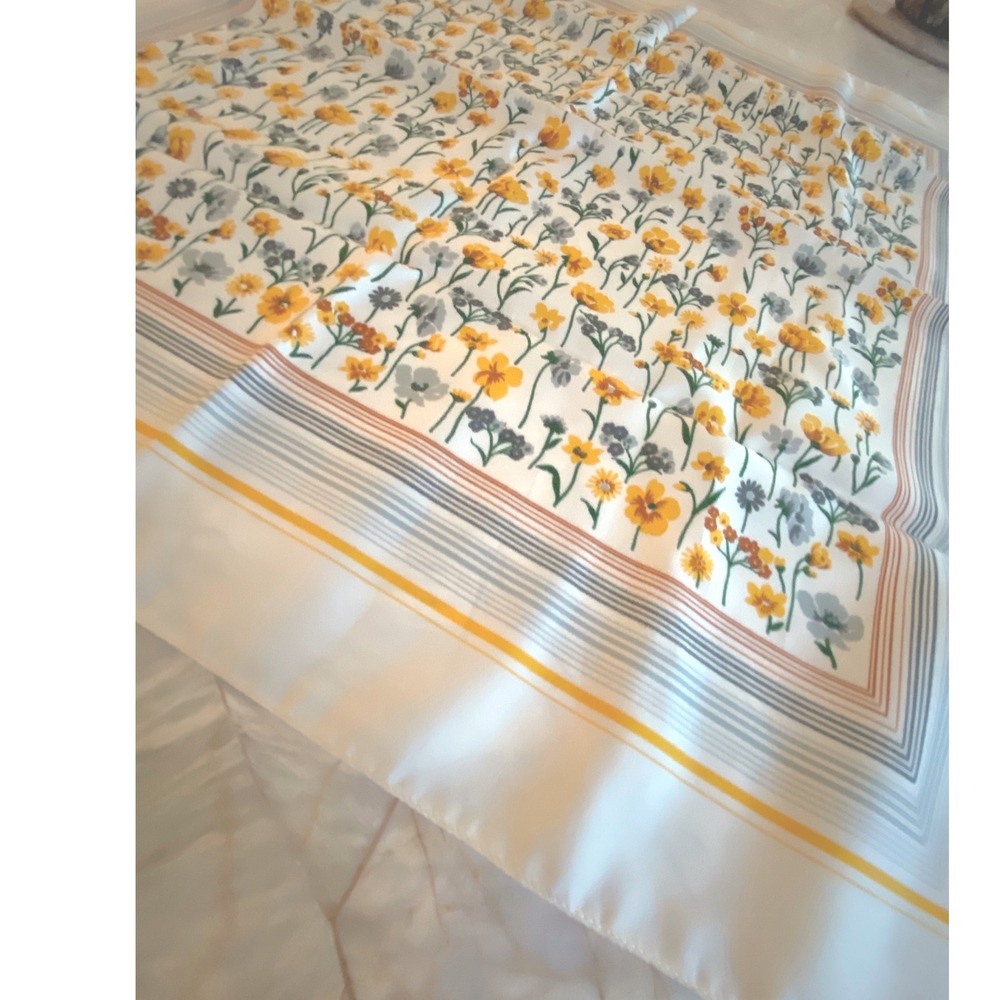 Vintage Style Wildflower Floral Square Scarf Yellow Grey White Stripe Border